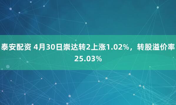 泰安配资 4月30日崇达转2上涨1.02%，转股溢价率25.03%